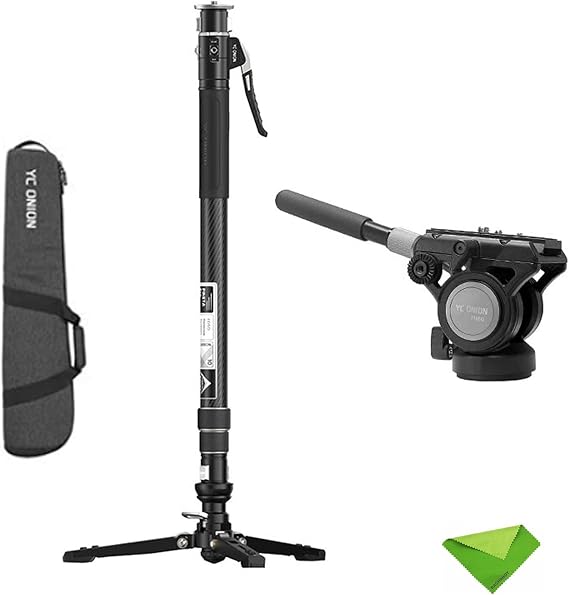 YC Onion Pineta Pro Carbon Fiber Monopod with FH60S Fluid Head and Pedal Base, Light Stand Lightweight Travel Monopod with Quick Release Plate for Sony Canon Nikon DSLR Cameras, Gimbal and etc