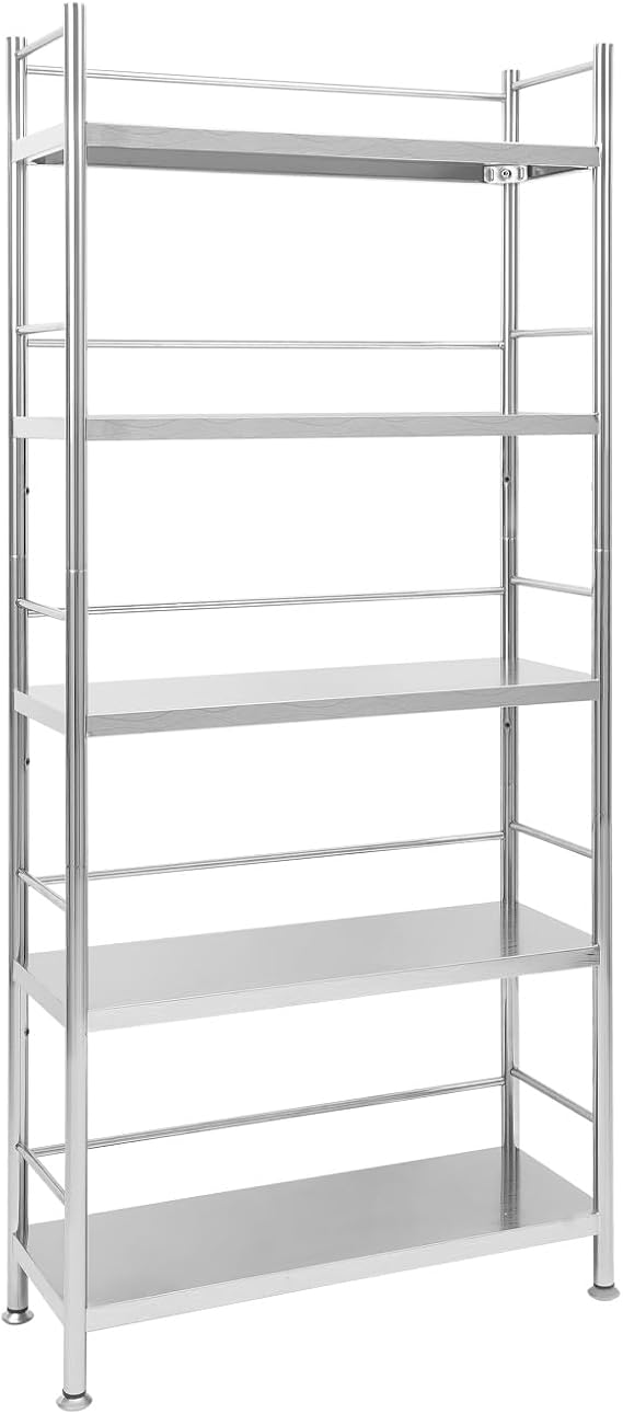 Stainless Steel 5-Tier Storage Shelf, Adjustable Height Storage Rack,Heavy Duty Shelving Unit for Kitchen, Bathroom, Office Organizer, Easy Assembly,Open Design