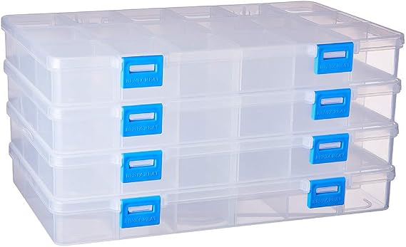 BENECREAT 4 Pack 18 Grids Large Transparent Plastic Storage Box Bead Organizer with Adjustable Dividers for Jewelry, Beads, Tools, Craft Accessories and Other Small Items - 9.4x5.7x1.18 Inch