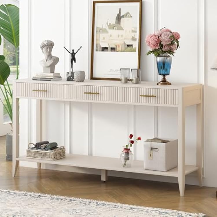 Entryway Console Table with 3 Vertical Stripe Drawers, 60 Narrow Long Sofa Table with Open Shelf Behind Couch Table for Living Room, Foyer, Corridor and Hallway, White