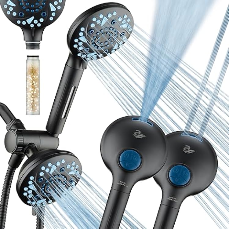 AquaCare High Pressure 6-way Dual Shower Head Combo with Built-in Filter & Power Wash - Clean Tub, Tile & Pets. Remove Chlorine, Lead & Toxins from Water to Protect Skin, Hair, Nails. Matte Black