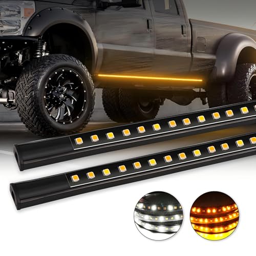 Truck LED Running Board Lights, Niwaker 2PCS 70 Inch LED Side Marker Lights for Extended & Crew Cab Sequential Amber Turn Signal Light Strips & White Courtesy Light Bar for Pickup Truck SUV Off Road
