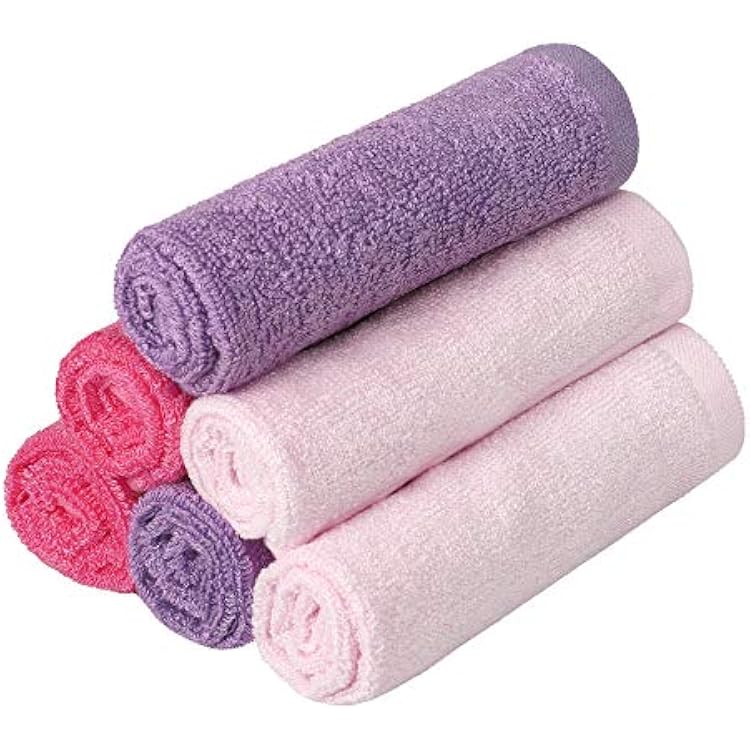 6 Pack Baby Girl Washcloths Bulk for Newborn, Extra Soft Face Bath Towel for Toddler, Absorbent Kids Wash Rag for Body, 70% Rayon Derived from Bamboo, 30% Cotton, 10x10, PurplePinkRose