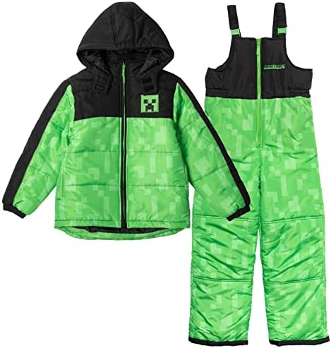 Minecraft Zombie Zip Up Puffer Jacket and Snow Bib Ski Pants Little Kid to Big Kid