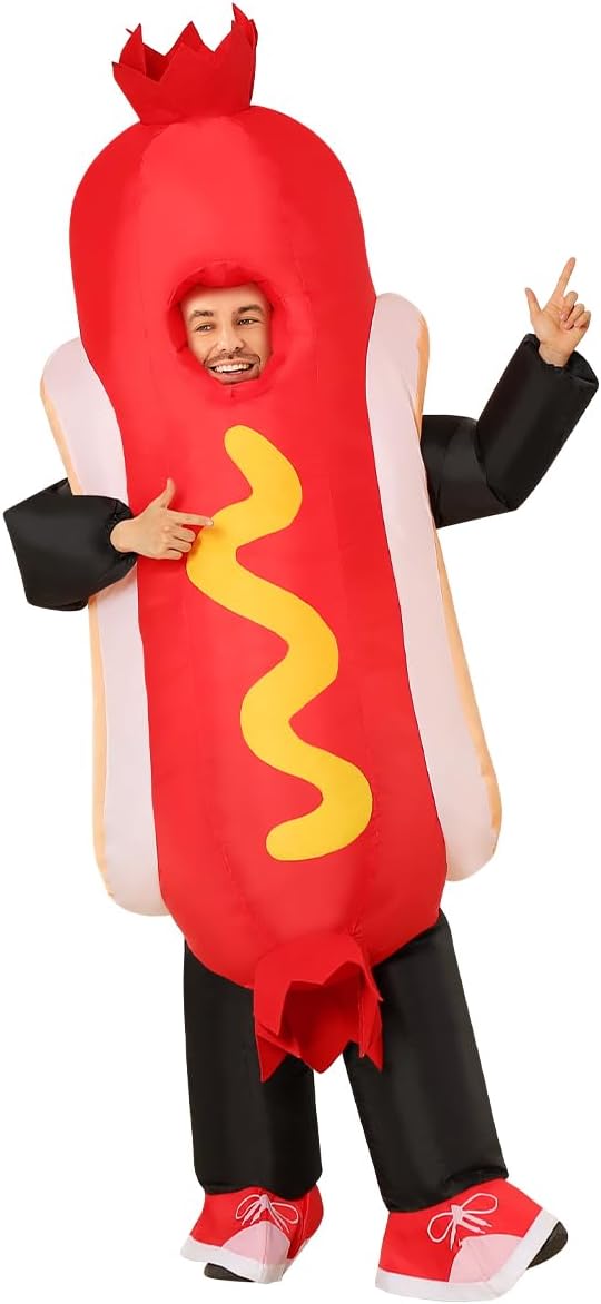 GOOSH Inflatable Hot Dog Costume Adult Food Funny Halloween Blow up Costumes Women Man Hotdog Suit Cosplay
