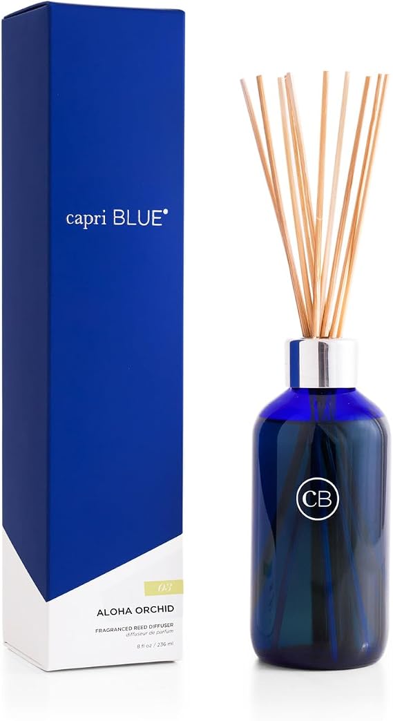 Capri Blue Aloha Orchid Reed Diffuser Set, Includes Sticks, Fragrance Oil, and Glass Bottle, Scented Room Fresheners,Cobalt Color (8 Fl Oz)