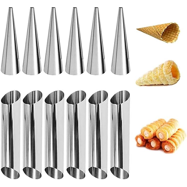 12pcs Cream Horn Molds, Stainless Steel Cannoli Forms Tubes Kits, Baking Cones, Roll Horn Forms, Non-stick Baking Molds for Danish Pastry Lady Lock Form, Cream Roll, CroissantMix