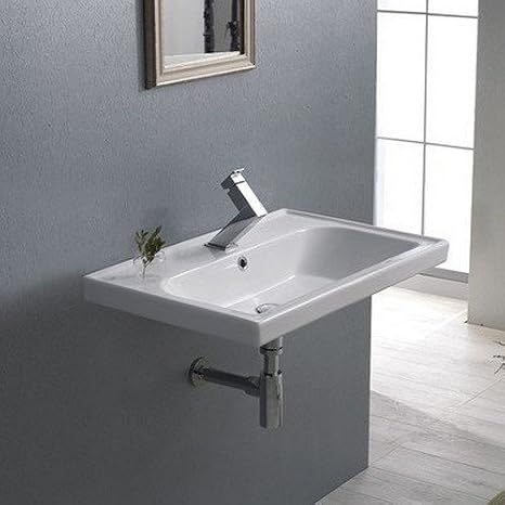 031000-U-One Hole Frame Rectangle Ceramic Wall Mounted/Self Rimming Sink, White