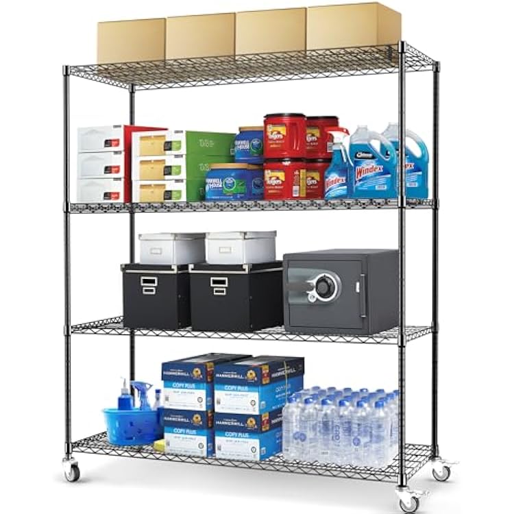 Rengue 4-Tier Wire Shelving with Wheels, 60x 24x72 Metal Storage Shelves, Heavy Duty Garage Storage Shelves, Chrome 2400LBS Capacity Wire Shelf Rack for Restaurant, Garage, Pantry, Black