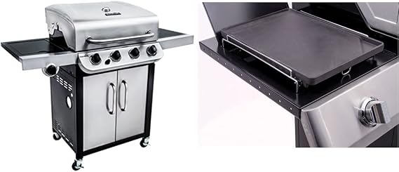 Char-Broil Convective Series 440S - 4 Burner Gas Barbecue Grill with Side-burner, Stainless Steel Finish. & 140 515 - Cast Iron Side-Burner Griddle (Plancha).