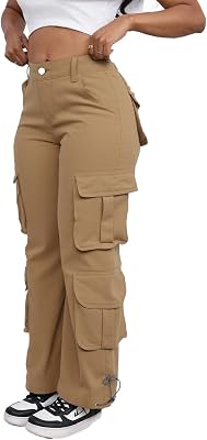 Cargo Pants for Women Elastic Waisted Straight Wide Leg Casual Pants with Multi Pockets