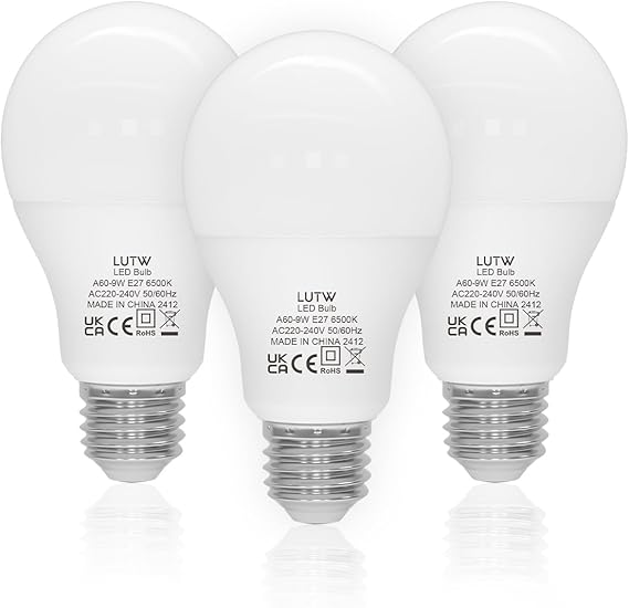 E27 Screw Bulb, 9W = 60W 900LM, Cool White 6500K, 3 Pack | Super Bright A60 LED Light Bulb, Energy Saving Light Bulbs Screw for Home Lighting, Non-dimmable, No Flicker [Energy Class F]
