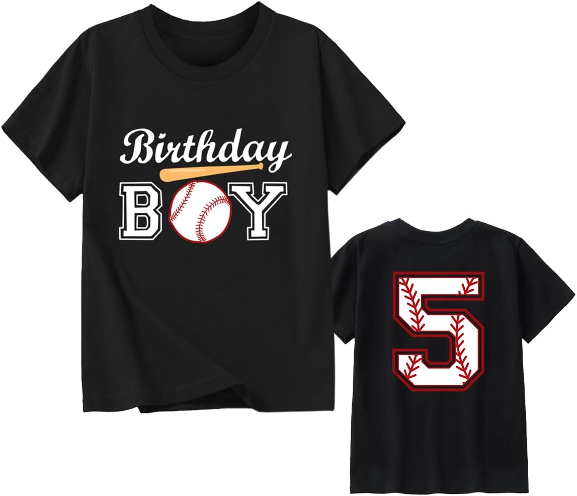 Boys Birthday Baseball Theme Tee | Toddler Kids 2-8 Number Print T-Shirt, Short Sleeve Cotton Top