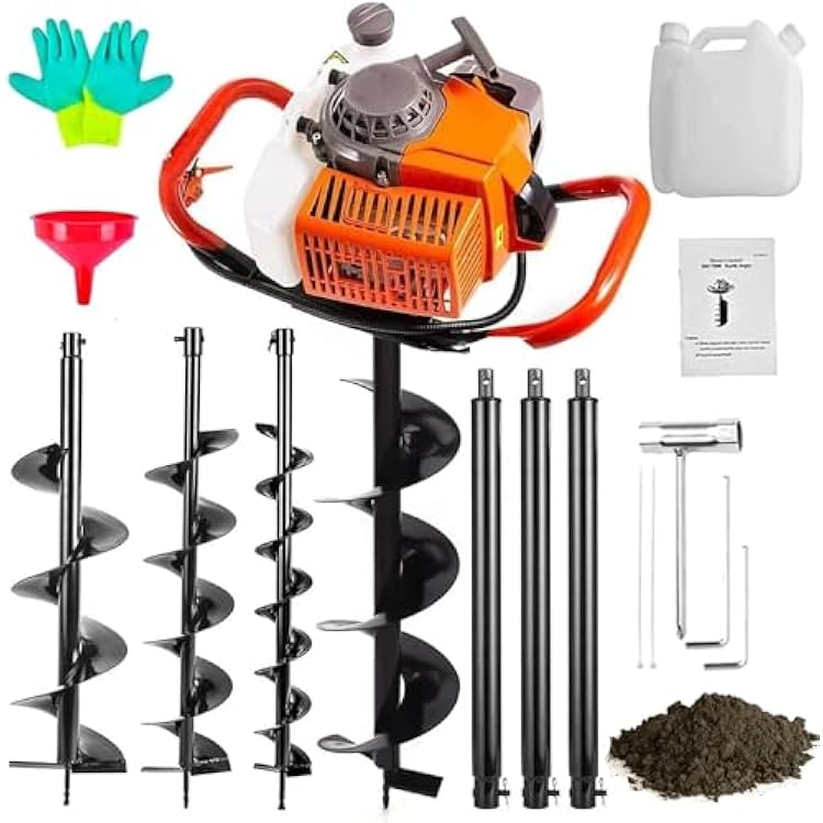 Gas Powered 62CC Post Hole Digger for Fence and Planting with 3 Extention 24 24 & 24 and 3 Earth Auger Drill Bits 3 5 & 8