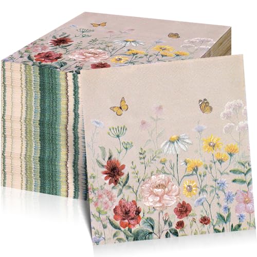 100pcs Floral Paper Napkins,Spring Wildflower Napkin Disposable Flower Cocktail Napkins for Wedding, Birthday,Baby Shower,Easter,Mothers Day Party Decorations and Supplies