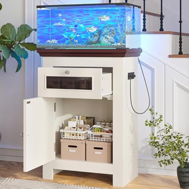10-15 Gallon Fish Tank Stand with Power Outlets, Aquarium Stand with Drawer and Storage Cabinet, Farmhouse Style Fish Tank Table for Reptile Terrarium, 198LBS Capacity, Aquarium Not Included