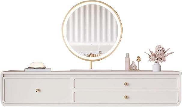 Cream Floating Makeup Vanity Wall Mounted, Small Bedroom Vanity Desk with LED Touch Mirror, Storage Drawers, Floating Vanity Table31.4in/80cm