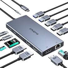 USB C Laptop Docking Station with 2 HDMI 4K@60Hz+DP 8K@30Hz for Dell HP 15 in 1 USB C Hub Triple Display Multiple Adapter Dongle with USB A Port+Button+PD+Ethernet+SD/TF+Audio for Thinkpad Surface