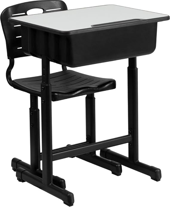 Flash Furniture Adjustable Student Desk and Chair Set for Classrooms or Remote Learning, Adjustable School Desk with Chair and Book Box, Gray/Black | Black Pedestal Frame, Adjustable , Commercial Use