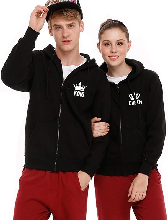 King Queen Matching Couples Hoodies Sweatshirts Zip Up His and Her Hooded Thin