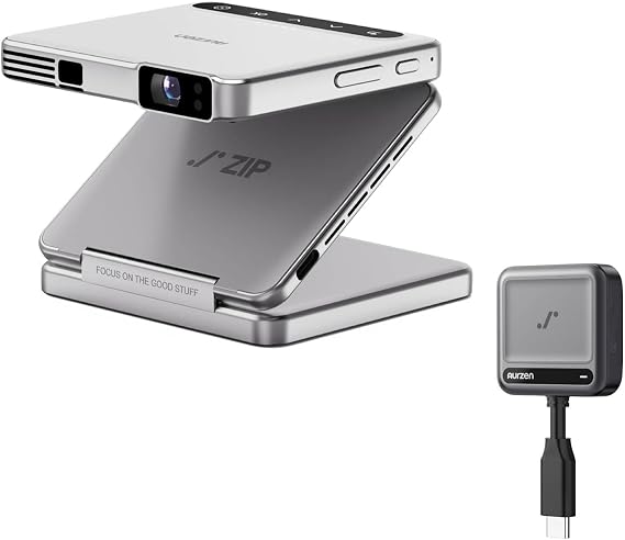 Aurzen ZIP Tri-Fold DLP Mini Projector + CastPlay Pro Dongle, Zero-Lag Focus, Screen Mirroring,Full-Screen Mode,Type-C Fast Charging,5000mAh Battery,Bluetooth,Portable Projector for Cookie, Art, White