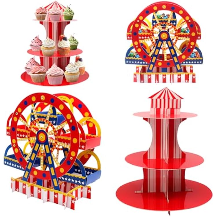 4 PCS 3 Tier Ferris Wheel Cupcake Holder and Carnival Theme Cupcake Stands for Carnival Circus Themed Birthday Party Decoration Supplies