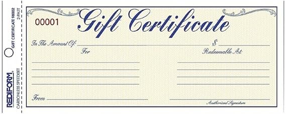 Rediform Gift Certificate Pack, 25 Duplicates with Envelopes, 3.625" x 9.5", Numbered, Blue/Gold (98002)