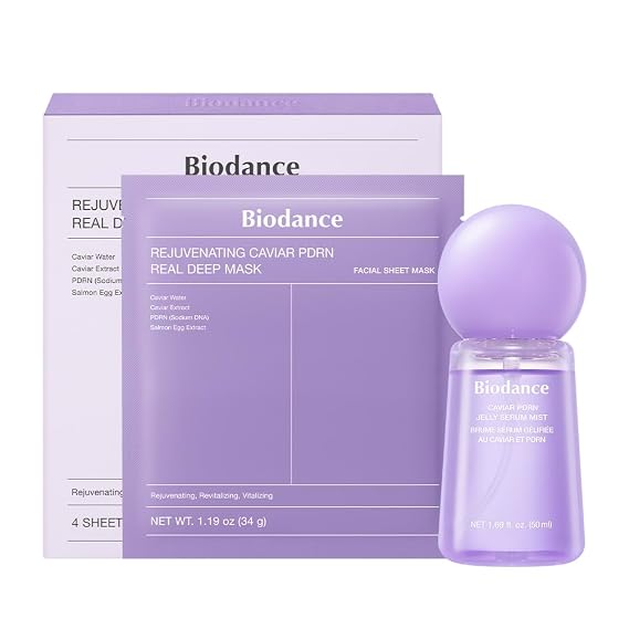 BIODANCE 24/7 Caviar PDRN Recovery Set: Caviar PDRN Jelly Serum Mist (1.69 fl.oz) & Skin Barrier Mask (4 Sheets), Sprayable Hydrogel & Rejuvenating Face Mask for Deep Nourishment & Radiance