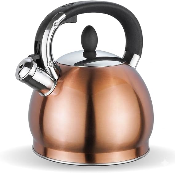 Stainless Steel Whistling Kettle 3.5L - Induction Ready Tea Pot with Heat Resistant Phenolic Handle, Large Capacity Boiling Kettle with Non Drip Spout for Gas Electric Hobs (Copper)