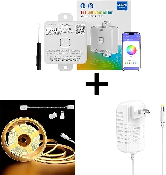 PAUTIX SP530E WiFi Alexa Bluetooth LED Controller, COB LED Strip Light 32.8ft/10m 5040LEDs Warm White 3000K, 24V DC Power Supply Adapter 24Volt 3.5A 84W
