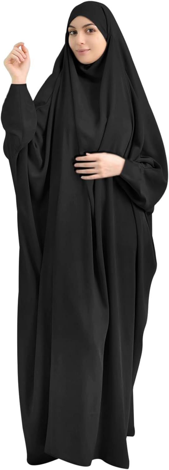 Women's Muslim Prayer Dress One-Piece Long Sleeve Islamic Dress Middle East Dubai Maxi Abaya Kaftan with Hooded Hijab Solid Color Batwing Sleeve Casual Dresses Loose Turkey Modest Dress Bodysuit Robe