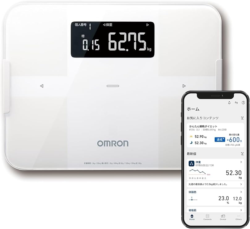 Omron KRD-603T2-W Weight, Body Composition Meter, Body Scan, White, Connects with Smartphone, Automatic Data Transmission, Automatic Recognition, Just Step On, 1.8 oz 50 g Units, BMI, Skeletal