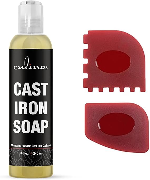 Cast Iron Cleanser by Culina - Cleans and Protects Cast Iron Cookware, Kosher Certified 8oz with scrapers