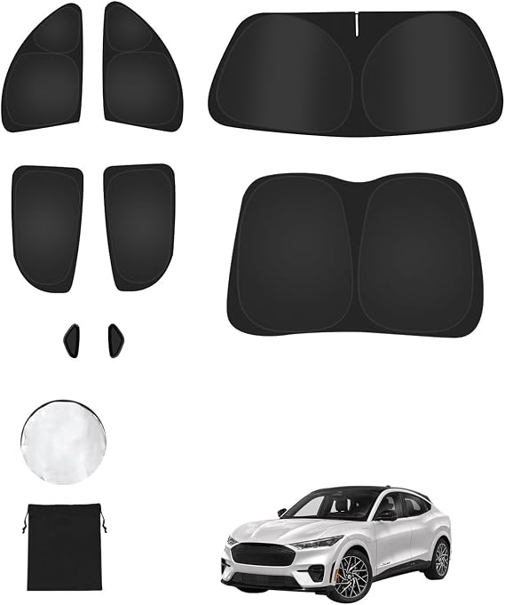 8PCS Window Shades for Ford Mustang Mach-E(2021-2025) Accessories Full Coverage Sun Shade for Side Windows, Rear Triangular & Windshield UV Protection & Privacy for Camping, Napping, Relaxing