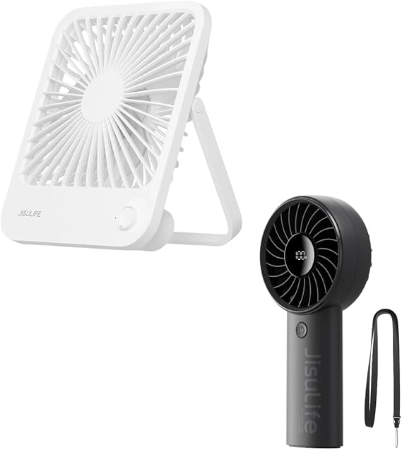 JISULIFE 4500 mAh Desk Fan + 5000mAh Powerful Handheld Fan Life4 with LED Display & 5 Speeds