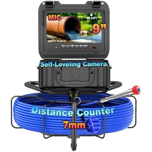 Anysun Sewer Camera Self-Leveling, Distance Counter, 7MM Diameter Cable, MicrophoneDVR, 100FT30M Sewer Pipe Inspection Camera with 9 HD 1080P IPS Screen, Plumbing Camera IP68 Waterproof -32GB Card