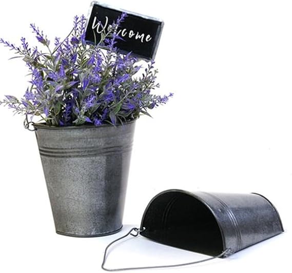 HAPPY DEALS ~ Rustic Galvanized Metal Wall Half Bucket Planters, Farmhouse Style Hanging Flower Pots, Set of 2, Inch Height, 5.5 Inch x 5 inch Plus Handle