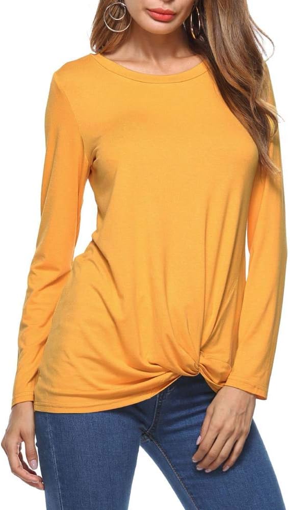 Women's Casual Long Sleeve Shirt Front Knot Side Twist Knit Tunic Top Blouse