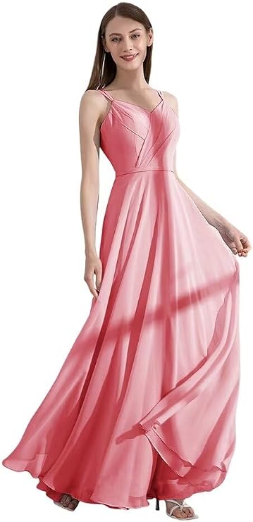 Women's V Neck Bridesmaid Dreses Long A-Line Chiffon Spaghetti Straps Zipper Back Formal Gown
