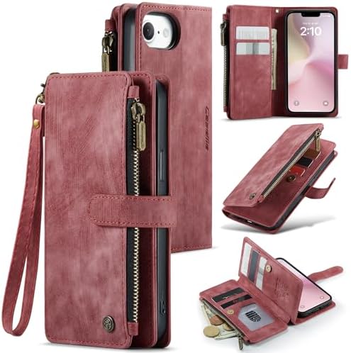 Compatible with iPhone 16e17e Wallet Case,with Card Holder Kickstand Magnetic Zipper Pocket Lanyard Strap Wristlet,Leather Flip Case Wallet for iPhone 16e17e 6.1 InchRed