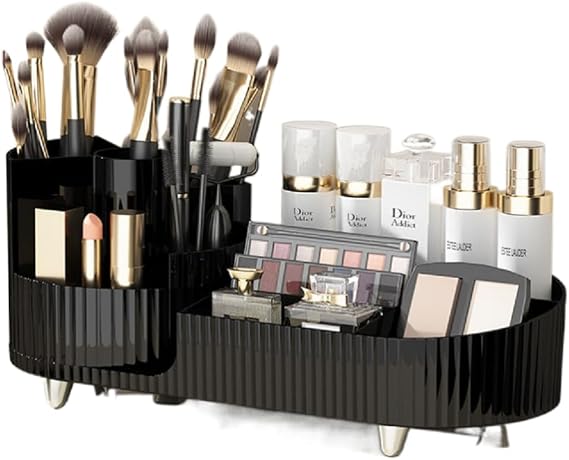 Make Up Organiser, Large Cosmetic Storage Box, with 360° Rotating Makeup Organiser Makeup Brush Holder, Skin Care Organiser, for Cosmetics Organizers in Dresser, Counter, Bathroom or Bedroom(Black)