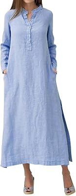 Women Kaftan Cotton Dress Stand Collar Ankle Long Sleeve Plain Casual Oversized Shirt Maxi Plus Size