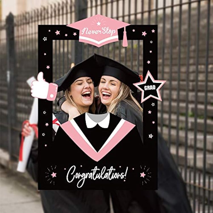 Graduation Photo Booth Frame, PERFQU Pink Graduation Party Selfie Photo Booth Props with Class of Grad Photo Booth Frame Selfie Picture Frame DIY Kit for Graduation Party Favors Supplies