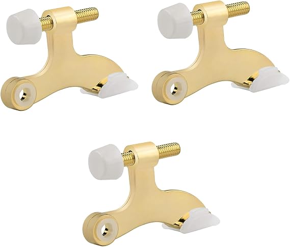 HOMOTEK 3 Pack Hinge Pin Bright Brass Door Stopper,Adjustable Deluxe Heavy Duty Door Stopper 2-1/2"x1-3/4,with White Rubber Bumper Tips