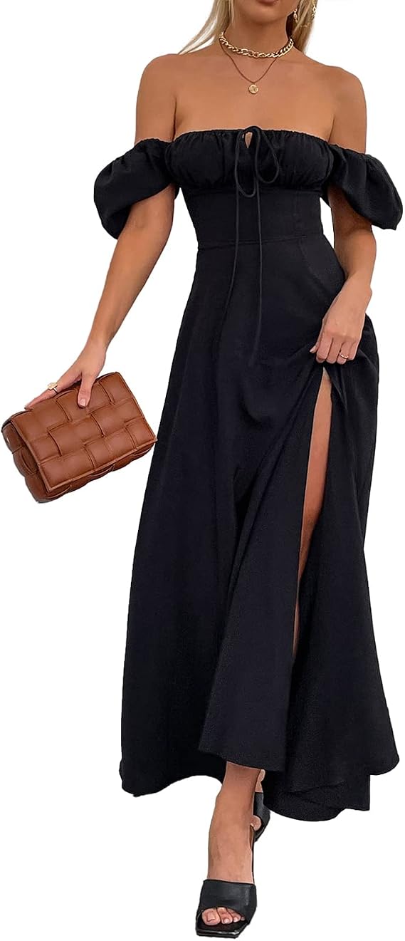 KUTUMAI Women Summer Puff Sleeve Off Shoulder Floral Flowy Long Maxi Dress