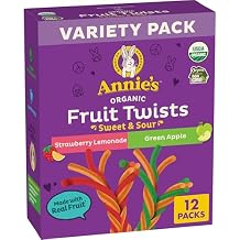 Annie's Organic Sweet and Sour Fruit Twists, Strawberry Lemonade and Green Apple Fruit Flavored Snacks, Variety Pack, 12 Count, 7.68 oz