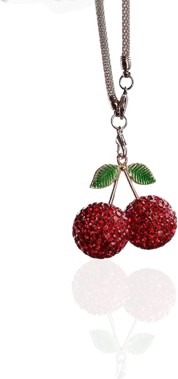 Bling Cherry Car Hanging Ornament, Cute Crystal Rear View Mirror Pendant, Sparkly Diamond Rearview Mirror Charms, Cute Car Accessories, Lucky Car Interior Decor Accessories (Red)