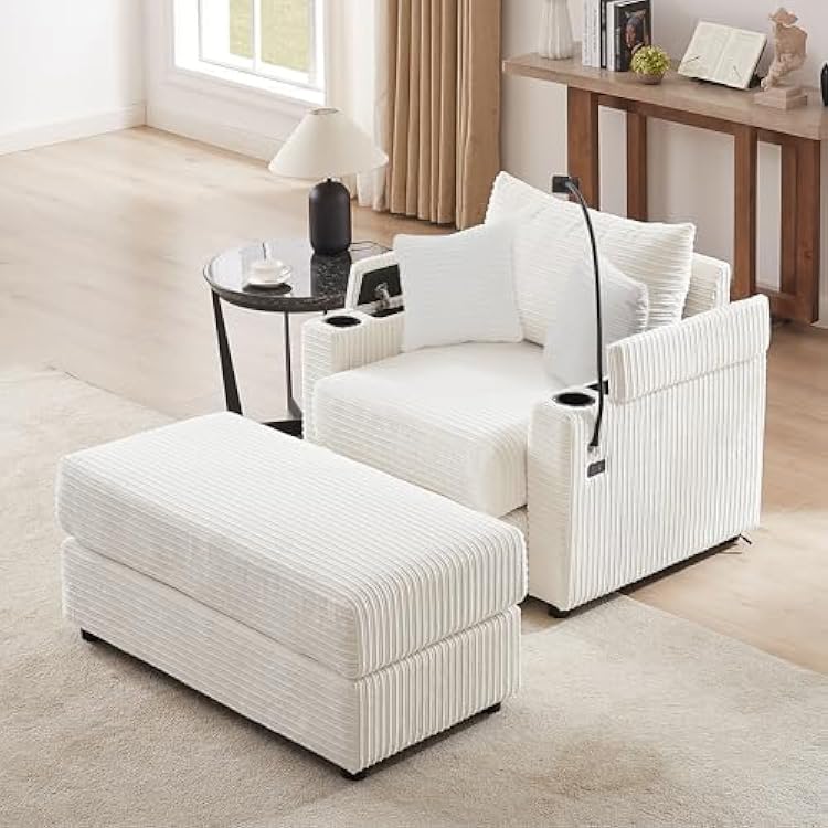 Modern 41.7 Single Sofa Couch with Movable Ottoman, Armchair with Storage Space, 2 USB Ports, 2 Cup Holders, Phone Holder, Reading Chair for Living Room Cafe Beige#O
