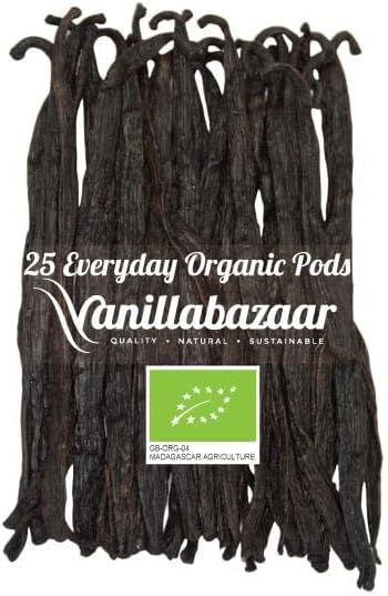 25 Organic Everyday Madagascan Vanilla Pods | Grade A Vanilla Beans in Airtight Tin | Gourmet Sticks for Baking, 11-14cm long | 5 x 5 Vacuum Packs Inside | Vanillabazaar