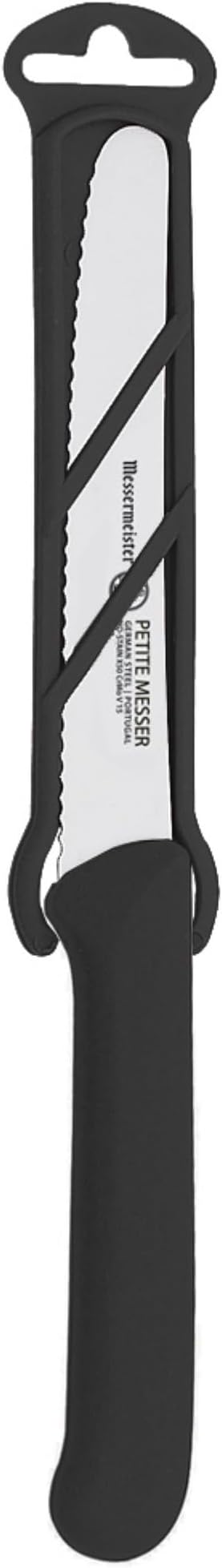 Messermeister 4.5 Serrated Tomato Knife with Matching Sheath, Black - German 1.4116 Steel Alloy - Rust Resistant & Easy to Maintain - Handcrafted in Santa Catarina, Portugal